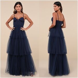 LULU’S Unforgettable Poise Navy Blue Tulle Bustier Tiered Maxi Dress